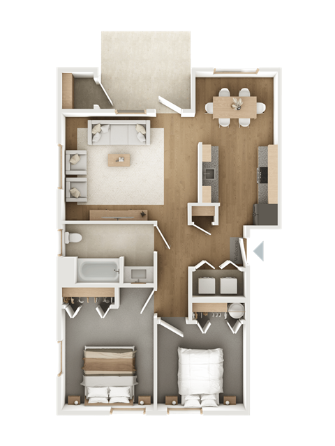 Floor plan for 2 beds, 1 bath, 844 sqft